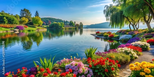 Serene lake view with lush greenery and vibrant flowers along the waterfront , garden, ,  garden