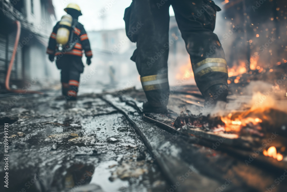 Two firefighters are walking through a fire scene Two firefighters are walking through a fire scene