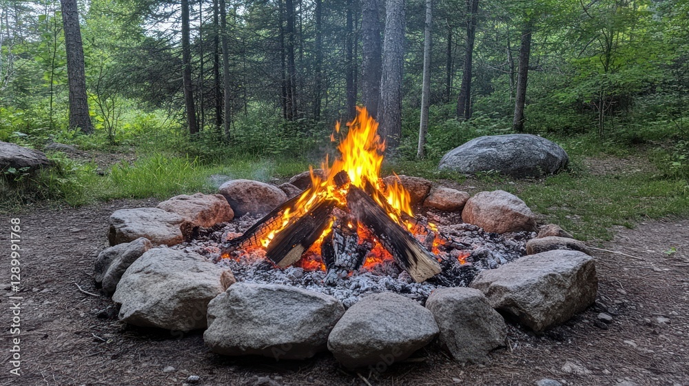 Campfire burning brightly in a stone ring in a forest. Campfire burning brightly in a stone ring in a forest.