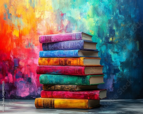 A vivid stack of colorful books against a bright, abstract background. photo