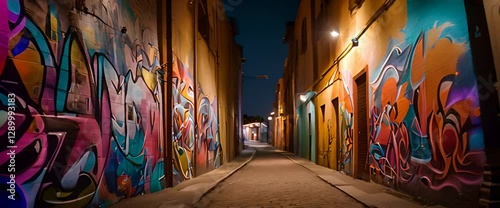 The street walls are covered with beautiful, colorful graffiti paintings at night, illuminated by soft, glowing streetlights