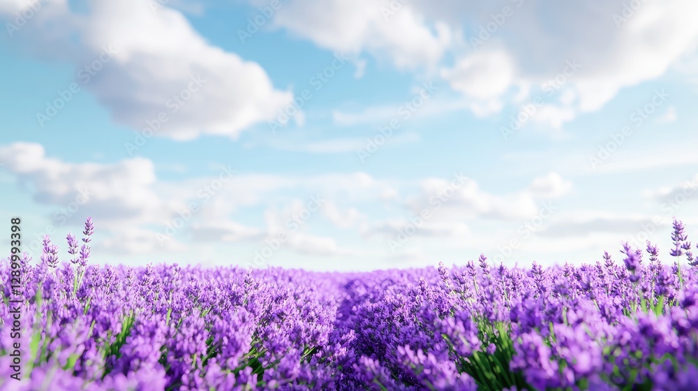 Lavender field under a sunny sky, idyllic landscape, peaceful nature scene, perfect for relaxation