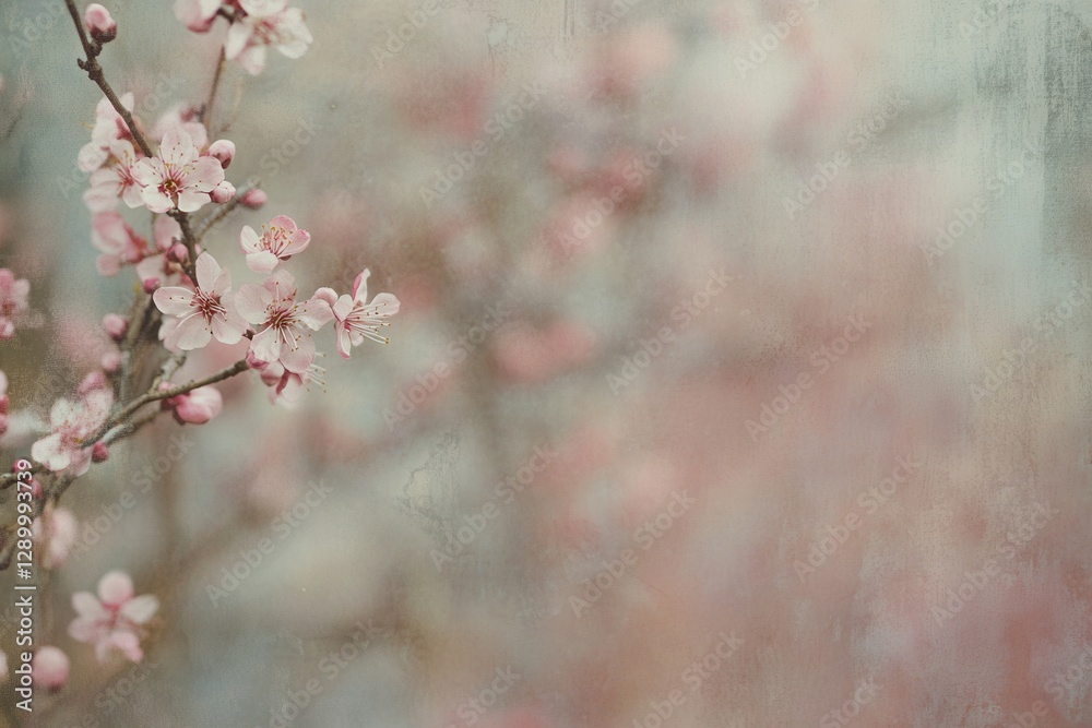 Naklejka premium Delicate Pink Cherry Blossom Branch on Textured Pastel Background