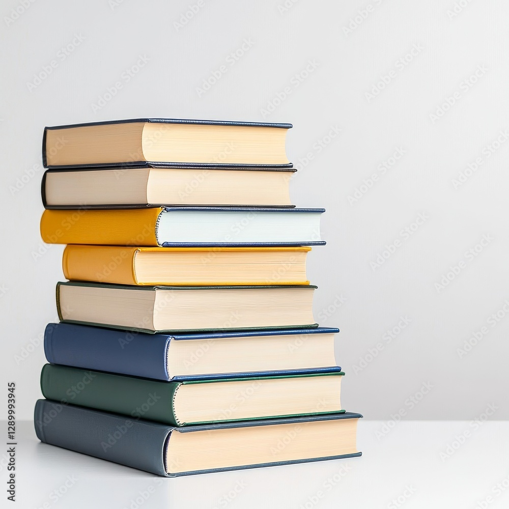 A stack of neatly arranged colorful books on a clean table surface. A stack of neatly arranged colorful books on a clean table surface.