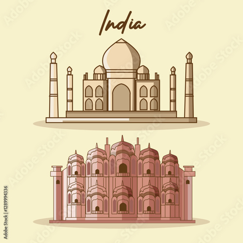illustration of Famous Indian monument and Landmark like Taj Mahal and Hawa Mahal Jaipur