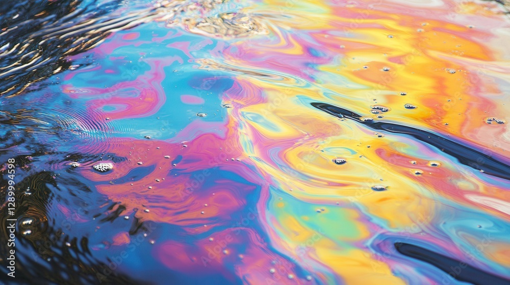 Iridescent Oil Slick on Water Surface - Abstract Pollution Pattern with Rainbow Colors and Ripples. Iridescent Oil Slick on Water Surface - Abstract Pollution Pattern with Rainbow Colors and Ripples.