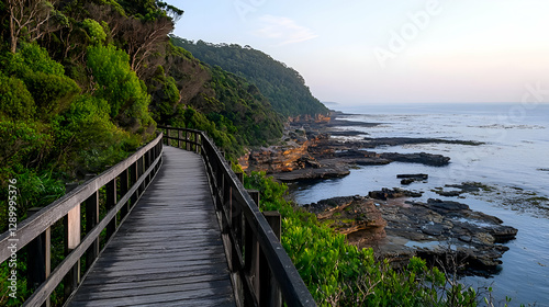 Coastal Wooden Path Overlooking Rocky Ocean Shore