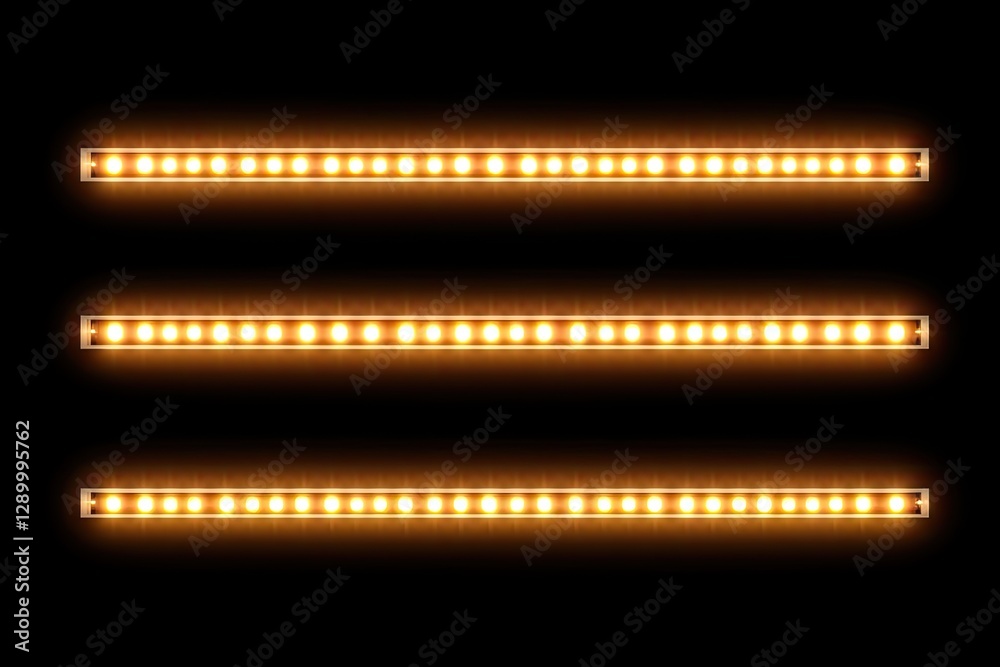 Three illuminated marquee light strips on black background Three illuminated marquee light strips on black background