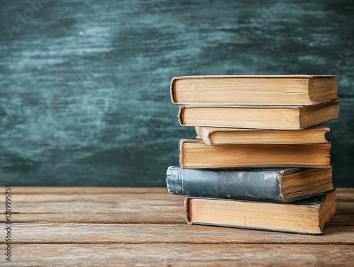 Stack of vintage books resting on a rustic wooden table against a chalkboard background. photo