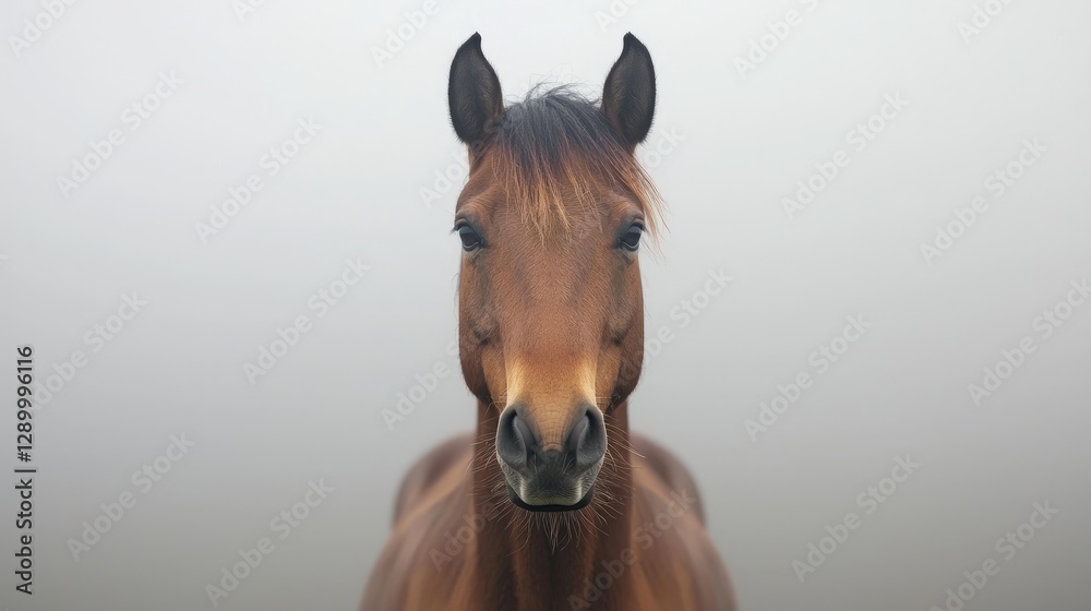 Obraz premium Horse portrait in misty landscape; tranquil moment; nature scene; wildlife photography; use in nature-themed publications or websites