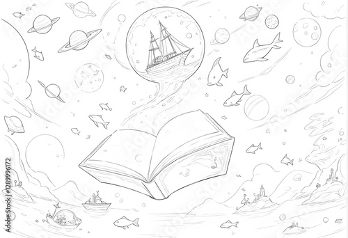 Open Book Voyage: Whimsical Line Art with Ships, Planets, and Fish - Dreamy Illustration for Creative Projects and Coloring Pages