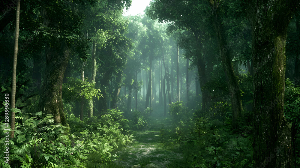 Obraz premium Lush Green Forest Path With Sunlight And Mist