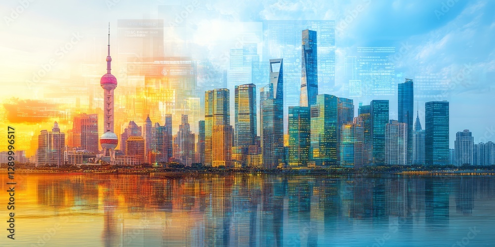 Fototapeta premium Shanghai cityscape featuring modern architecture and water reflection