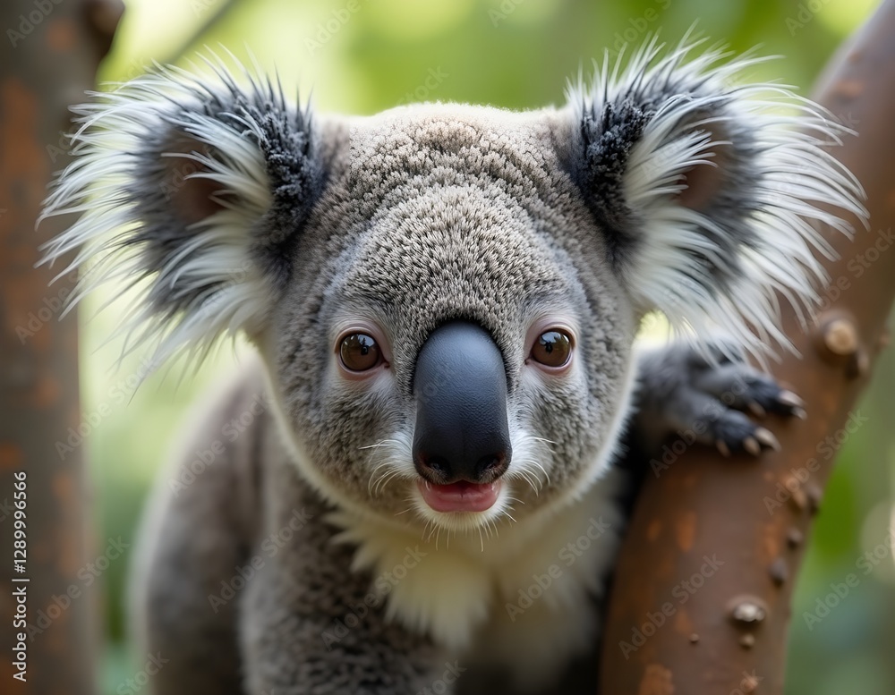 Obraz premium Koala with black round nose and big ears, natural charm of exotic animals calm with tight hug on tree trunk gives the impression of tranquility in the beauty of nature