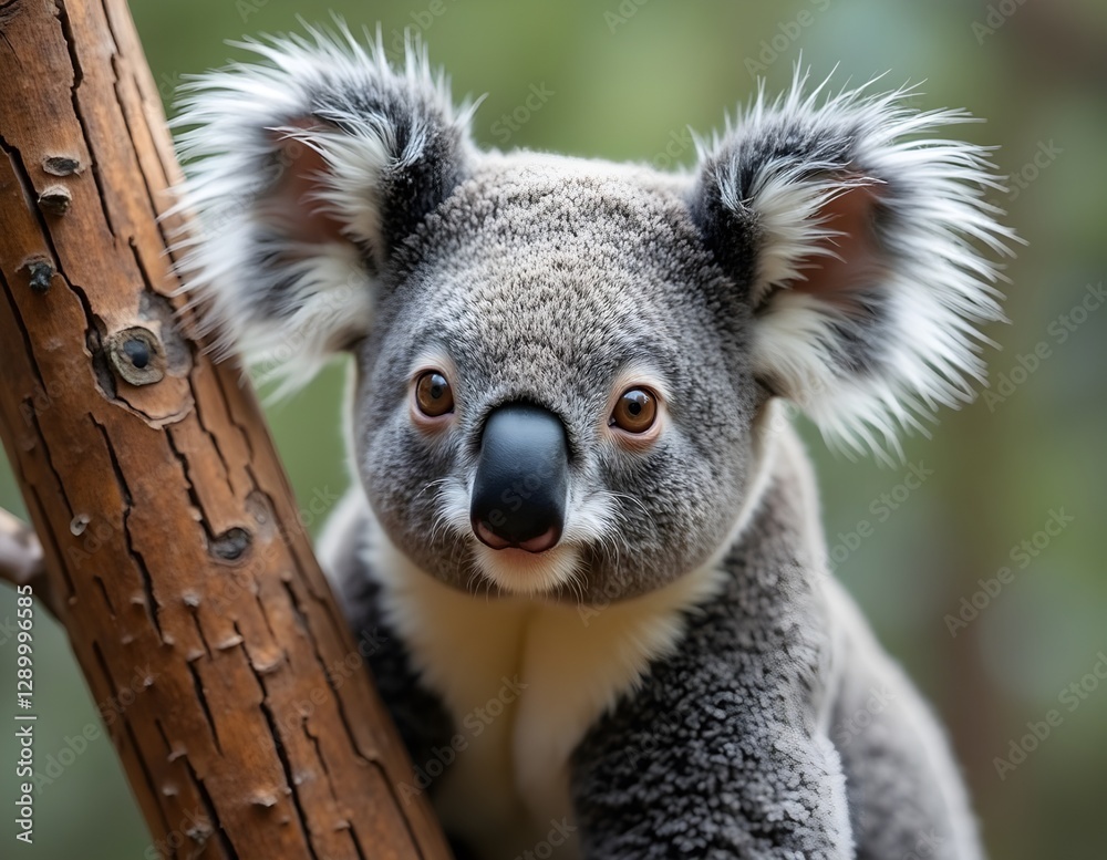 Obraz premium Koala with black round nose and big ears, natural charm of exotic animals calm with tight hug on tree trunk gives the impression of tranquility in the beauty of nature