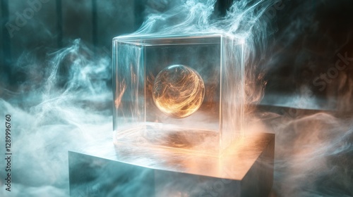 Enigmatic Golden Sphere Encased in a Crystal Cube, Surrounded by Ethereal Smoke