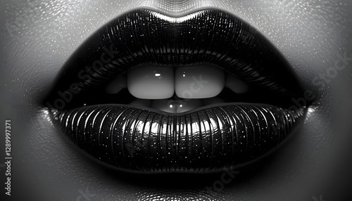 Glossy Black Lips Close-Up with Sparkling Texture – High-Contrast Monochrome Beauty Concept for Fashion and Art Projects