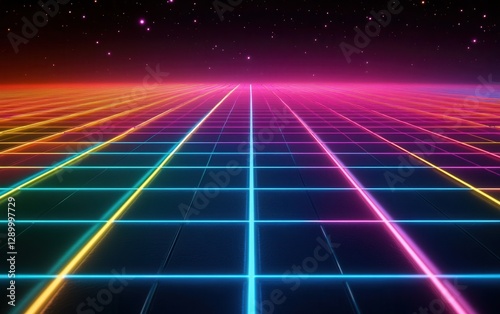 Wallpaper Mural Retro Neon Grid Landscape with Starry Night Sky 80s Style Abstract Background. Torontodigital.ca