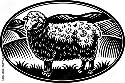 Sheep grazing in an alpine meadow, with mountains, a farmhouse, and other sheep in the background, drawn in an engraved style sketch engraving VECTOR