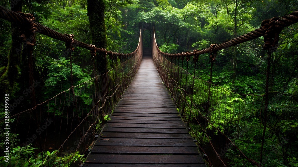 Jungle Rope Bridge Pathway Through Lush Canopy Jungle Rope Bridge Pathway Through Lush Canopy