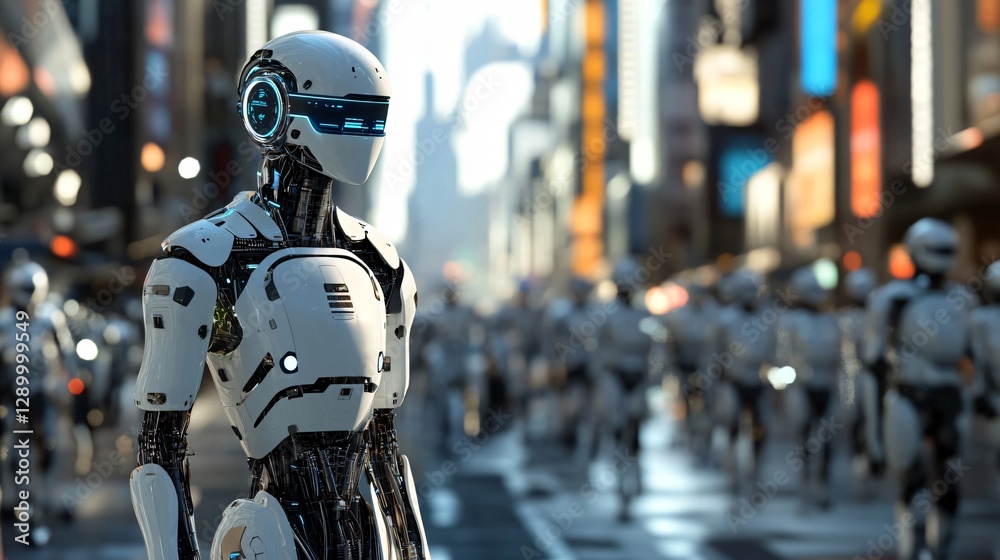 Futuristic Robot Walking Through a Busy City Street Futuristic Robot Walking Through a Busy City Street