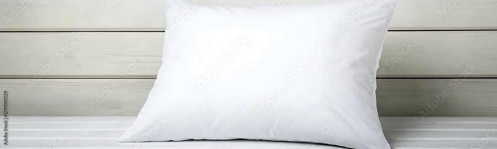 Fototapeta premium A simple white pillow rests against a wooden backdrop, evoking comfort and tranquility.