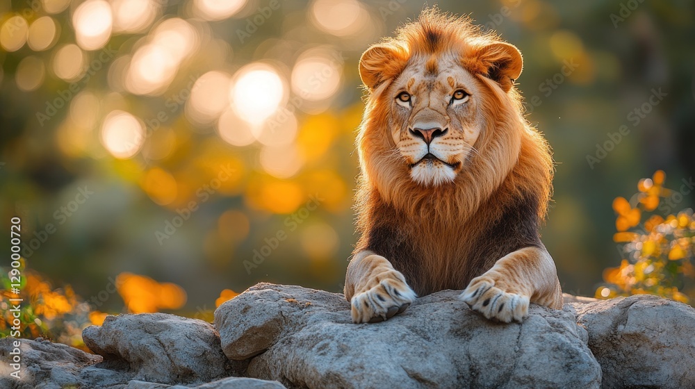 Fototapeta premium Majestic Lion Resting on Rocks at Sunrise