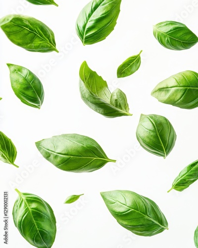Fresh Green Basil Leaves Falling Gently on a White Background Ideal for Culinary and Natural Theme Projects