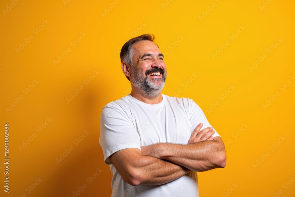Smiling Middle-Aged Caucasian Man with Grey Stubble Wearing a White T-shirt Poses Confidently Against a Bright Yellow Background Smiling Middle-Aged Caucasian Man with Grey Stubble Wearing a White T-shirt Poses Confidently Against a Bright Yellow Background