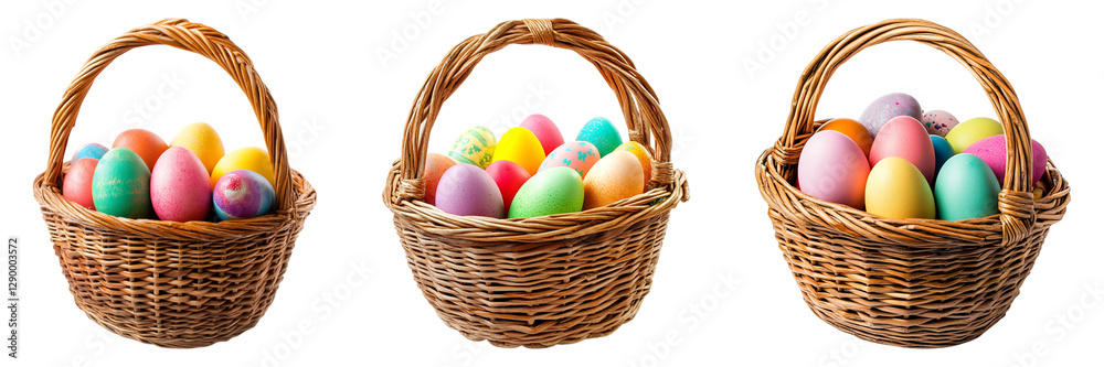 Set of woven Easter basket filled with colorful eggs isolated on transparent background, in PNG format, cut out Set of woven Easter basket filled with colorful eggs isolated on transparent background, in PNG format, cut out