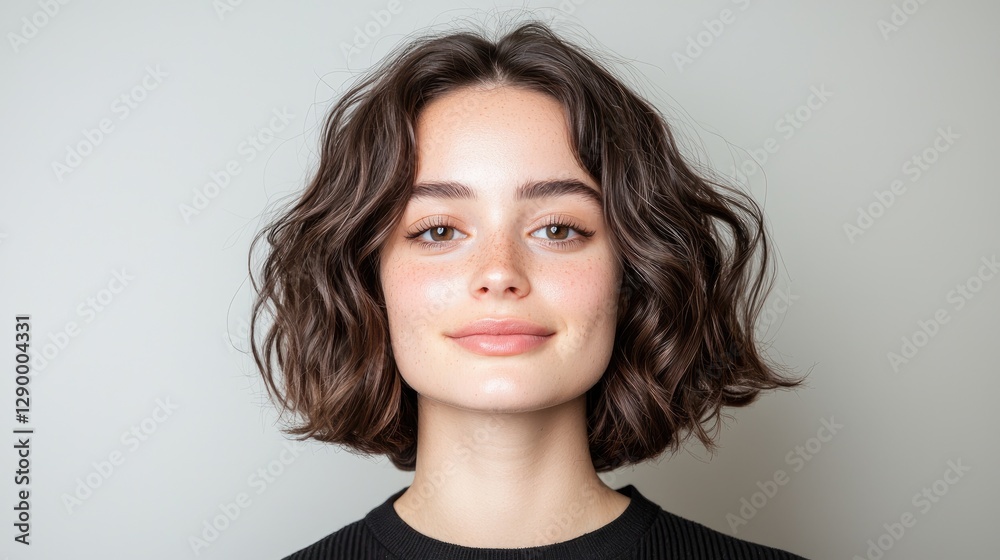 Woman with Wavy Short Hair in Front of a Light Grey Background. Possible use Portrait Photography Woman with Wavy Short Hair in Front of a Light Grey Background. Possible use Portrait Photography
