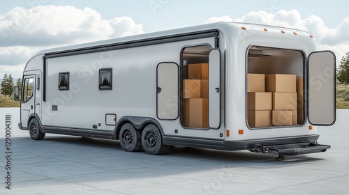 Loaded RV on paved outdoor lot