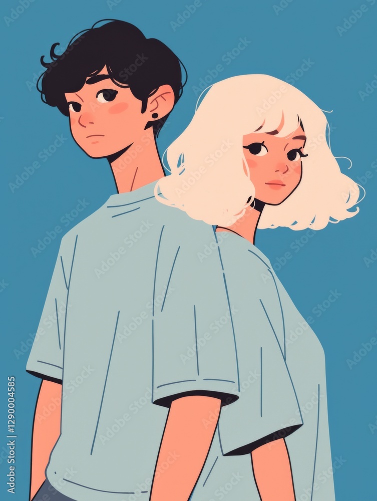 Obraz premium Cute couple illustration featuring a black-haired man and a woman with a white curly blonde bob, both wearing light blue t-shirts. 
