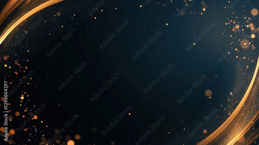 Obraz premium Elegant Dark Blue and Gold Abstract Background with Glittering Particles and Curved Lines