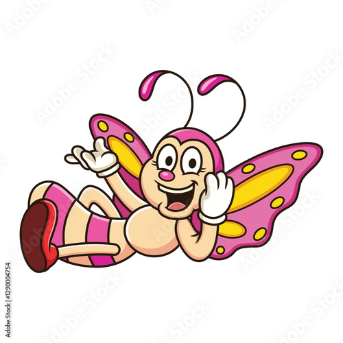 Cute butterfly with lying pose cartoon. Vector mascot illustration isolated on white background