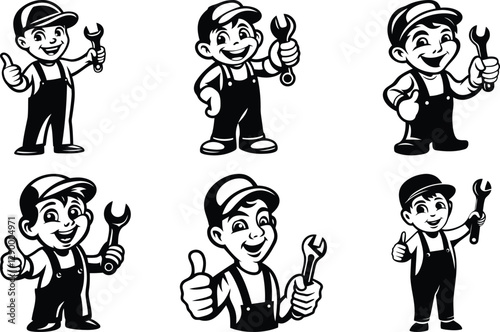 Cartoon mechanic or plumber boy holding a wrench vector, Cartoon mechanic or plumber boy holding a wrench silhouette and line art vector illustration set