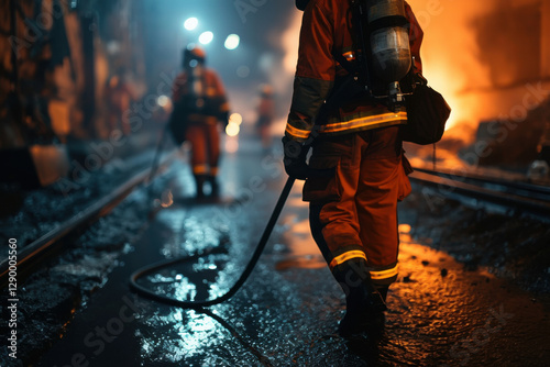 A group of firefighters are walking down a wet street