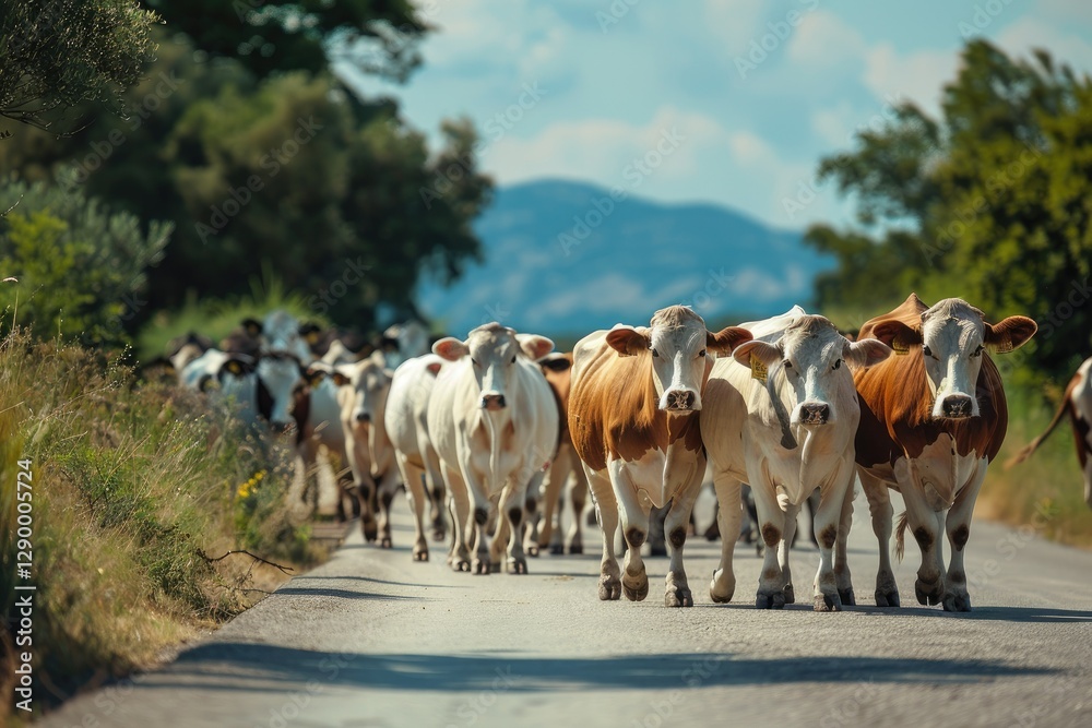 High Resolution Visual of a Herd of Cows Are Being Herded Down a Road High Resolution Visual of a Herd of Cows Are Being Herded Down a Road