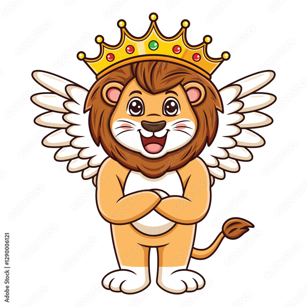 Obraz premium Cute king lion with wings. Vector cartoon illustration isolated on white background