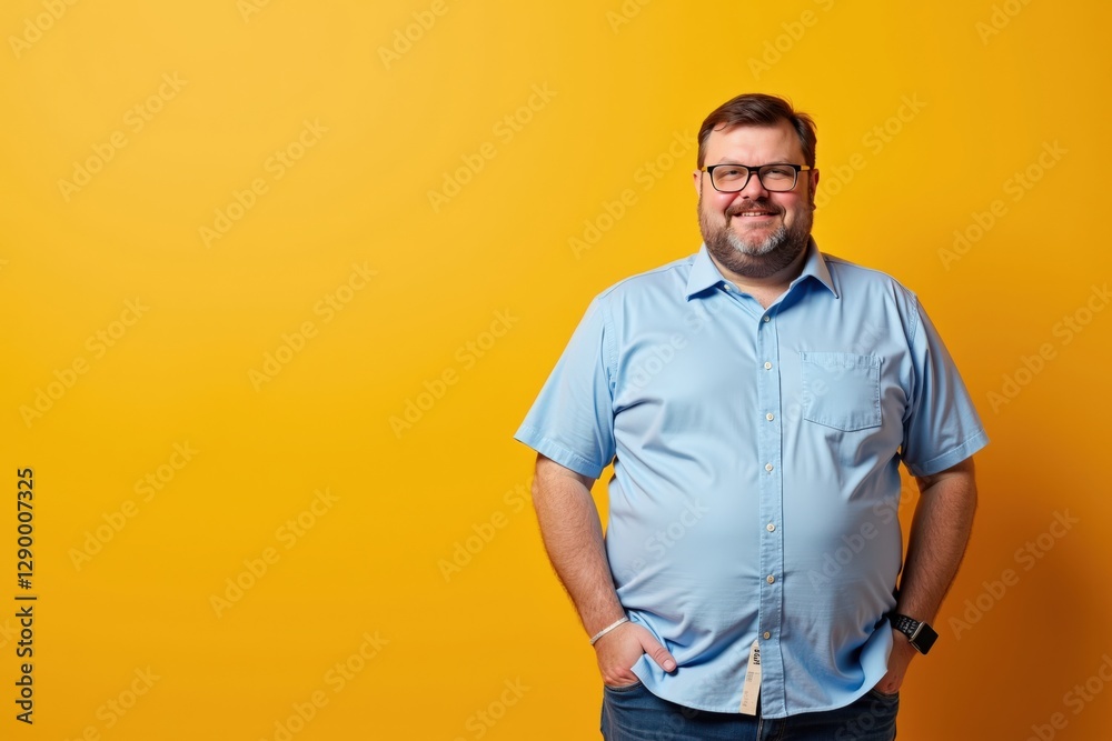 Smiling Middle-Aged Caucasian Man with Glasses in Casual Attire Posing Against a Bright Yellow Background, exuding Confidence and Cheerfulness Smiling Middle-Aged Caucasian Man with Glasses in Casual Attire Posing Against a Bright Yellow Background, exuding Confidence and Cheerfulness