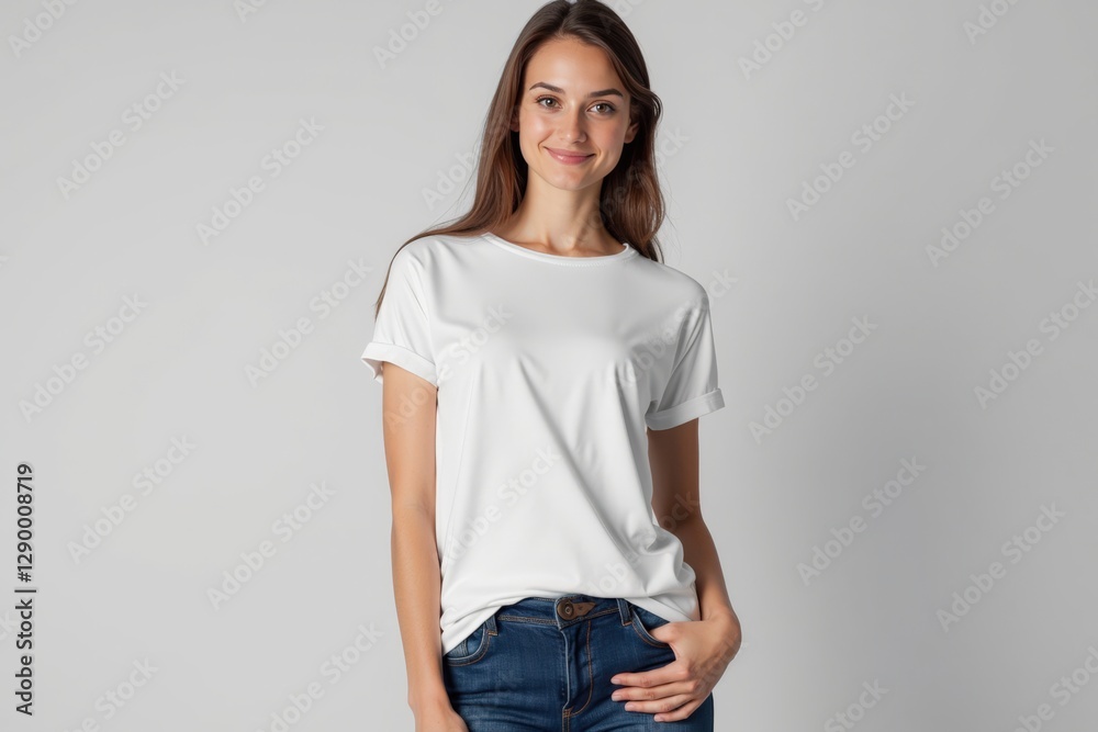 Young Caucasian Woman in Casual White T-shirt Posing Confidently Against a Neutral Background, Showcasing Modern Fashion and Natural Beauty Young Caucasian Woman in Casual White T-shirt Posing Confidently Against a Neutral Background, Showcasing Modern Fashion and Natural Beauty
