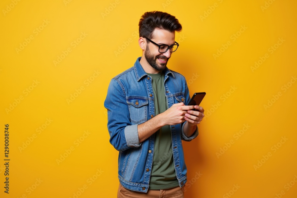 A Young Hispanic Male in a Denim Jacket and Glasses Engaged with His Smartphone Against a Bright Yellow Background A Young Hispanic Male in a Denim Jacket and Glasses Engaged with His Smartphone Against a Bright Yellow Background