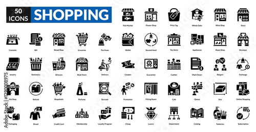 Shopping glyph icon collection set. Includes cart, bag, store, discount, checkout, basket, receipt, payment, sale, product, barcode, coupon, cashier, shelf, retail, store