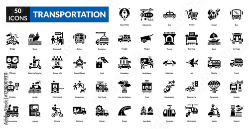 Transportation glyph icon collection set. Includes vehicle, logistics, shipping, delivery, cargo, truck, train, airplane, ferry, route, highway, freight, mobility, transit, journey, tram