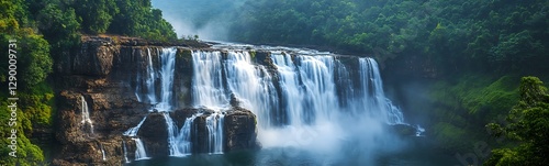 Majestic waterfall cascading through lush green landscape under a misty atmosphere.