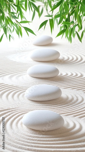 A serene Zen garden with white stones and swaying bamboo leaves. Perfect for mobile wallpapers or feed posts. Calm, minimalist, and tranquil