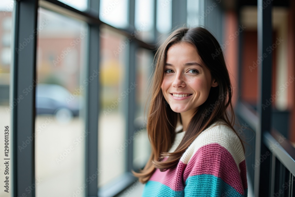 Fototapeta premium Young Caucasian Woman Smiling in a Colorful Sweater Standing by Large Windows in a Modern Space with Soft Natural Light