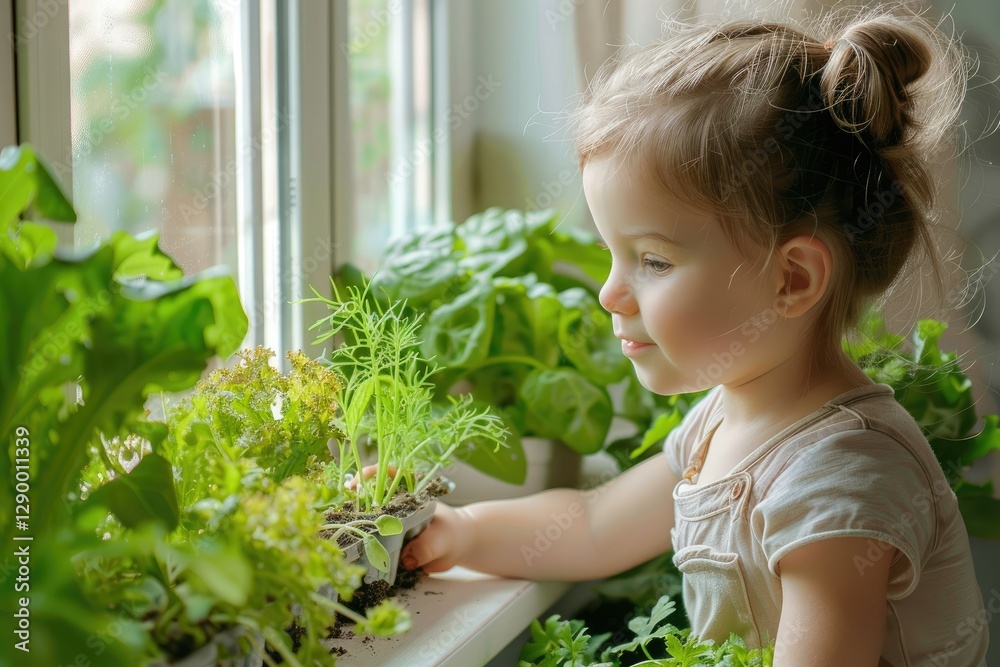 Detailed Color Picture of Cute Girl Plants Greens in Front of the Window Ripe Harvest on Balcony Detailed Color Picture of Cute Girl Plants Greens in Front of the Window Ripe Harvest on Balcony
