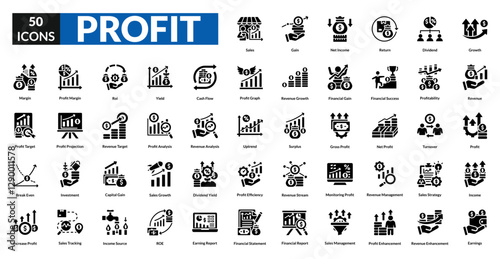 Profit glyph icon collection set. Includes growth, revenue, income, success, gain, sales, investment, earnings, finance, wealth, chart, increase, money, value, market