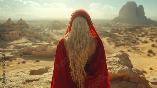 biblical character woman in a red shawl in the desert